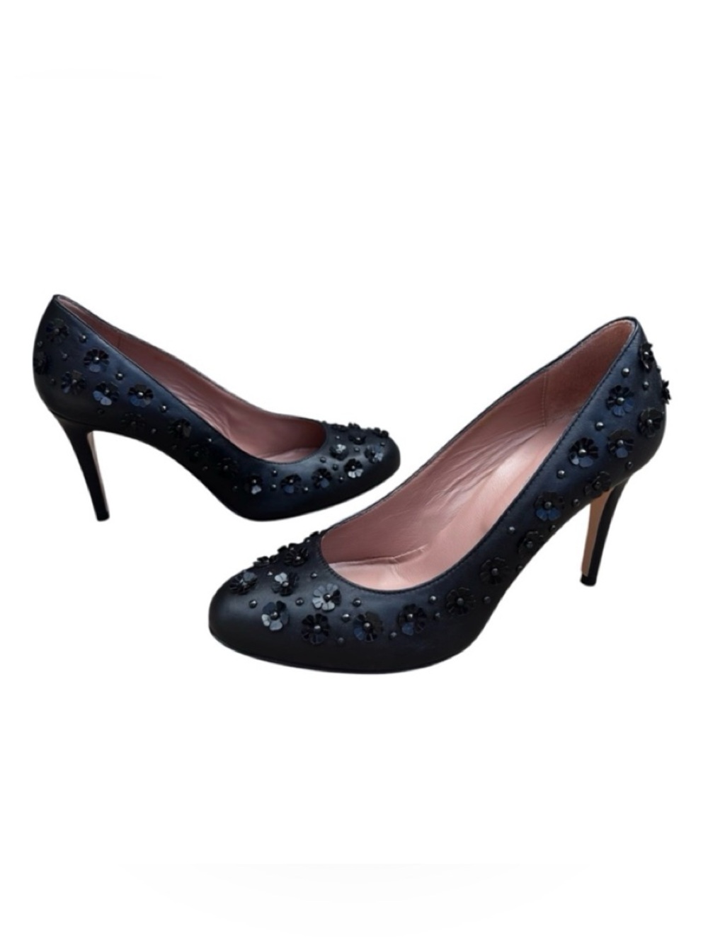 $495~Red VALENTINO~Black Beaded Floral Sequin 3-D Paillette Pumps~7.5/8/38.5